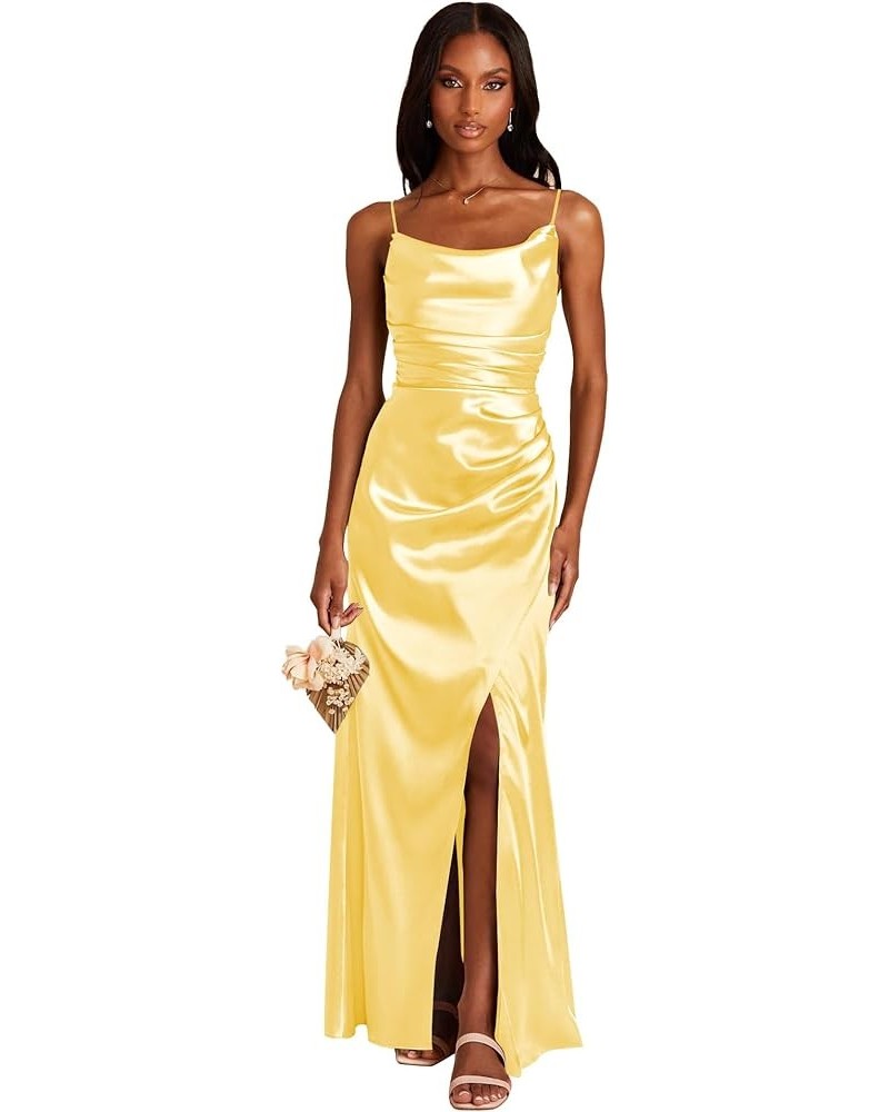 Women's Long Satin Bridesmaid Dresses with Slit Cowl Neck Ruched Mermaid Prom Dress Formal Gown Yellow $30.24 Dresses