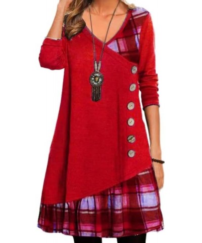 Women's Plaid Print Splicing Dress Casual Loose Long Sleeve V Neck Swing Knee Length Dress Red $15.50 Dresses