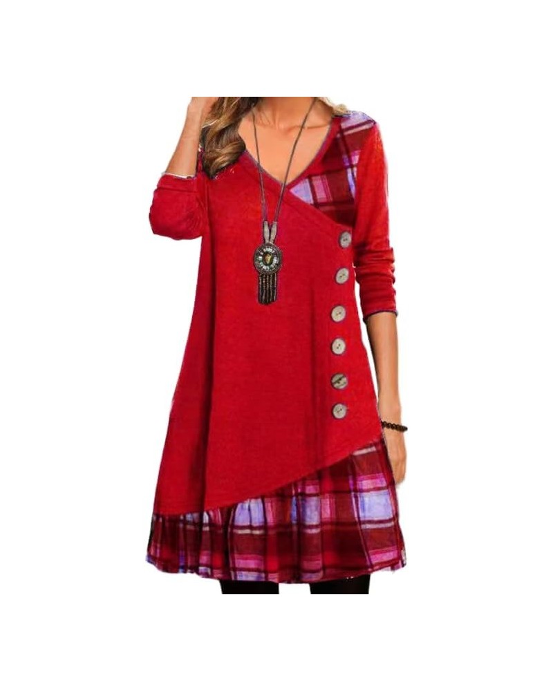 Women's Plaid Print Splicing Dress Casual Loose Long Sleeve V Neck Swing Knee Length Dress Red $15.50 Dresses