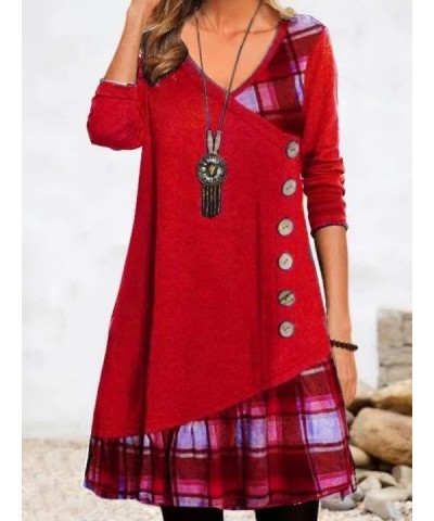 Women's Plaid Print Splicing Dress Casual Loose Long Sleeve V Neck Swing Knee Length Dress Red $15.50 Dresses