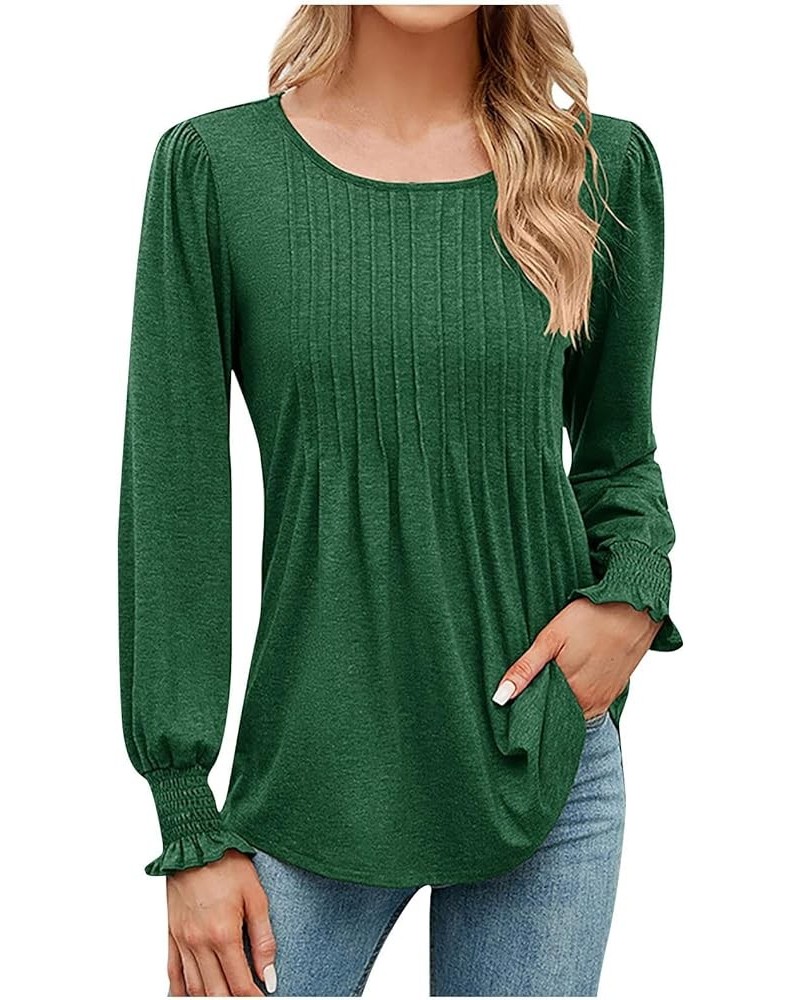 Womens Tops Women's Puff Long Sleeve Tunic Tops Pleated Crew Neck Blouses Dressy Casual Loose Spring and Summer T-Shirts 01-g...