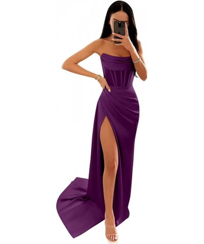 Strapless Satin Prom Dresses Long for Women Corset Mermaid Formal Evening Party Dresses with Slit Purple $30.00 Dresses