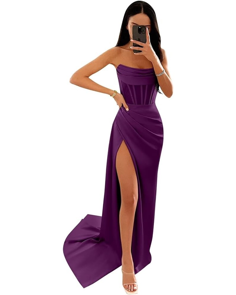 Strapless Satin Prom Dresses Long for Women Corset Mermaid Formal Evening Party Dresses with Slit Purple $30.00 Dresses