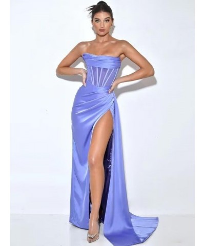 Strapless Satin Prom Dresses Long for Women Corset Mermaid Formal Evening Party Dresses with Slit Purple $30.00 Dresses