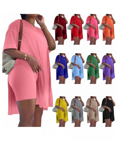 Plus Size Womens 2 Piece Outfits Tracksuits Short Sleeve Tunic Tops Bodycon Shorts Sweatsuit Sets Pink $19.97 Activewear