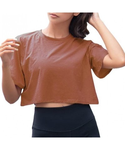 Women Short Sleeve Crewneck Comfy Loose Crop Top Teen T-Shirt Workout Solid Coffee $12.00 T-Shirts