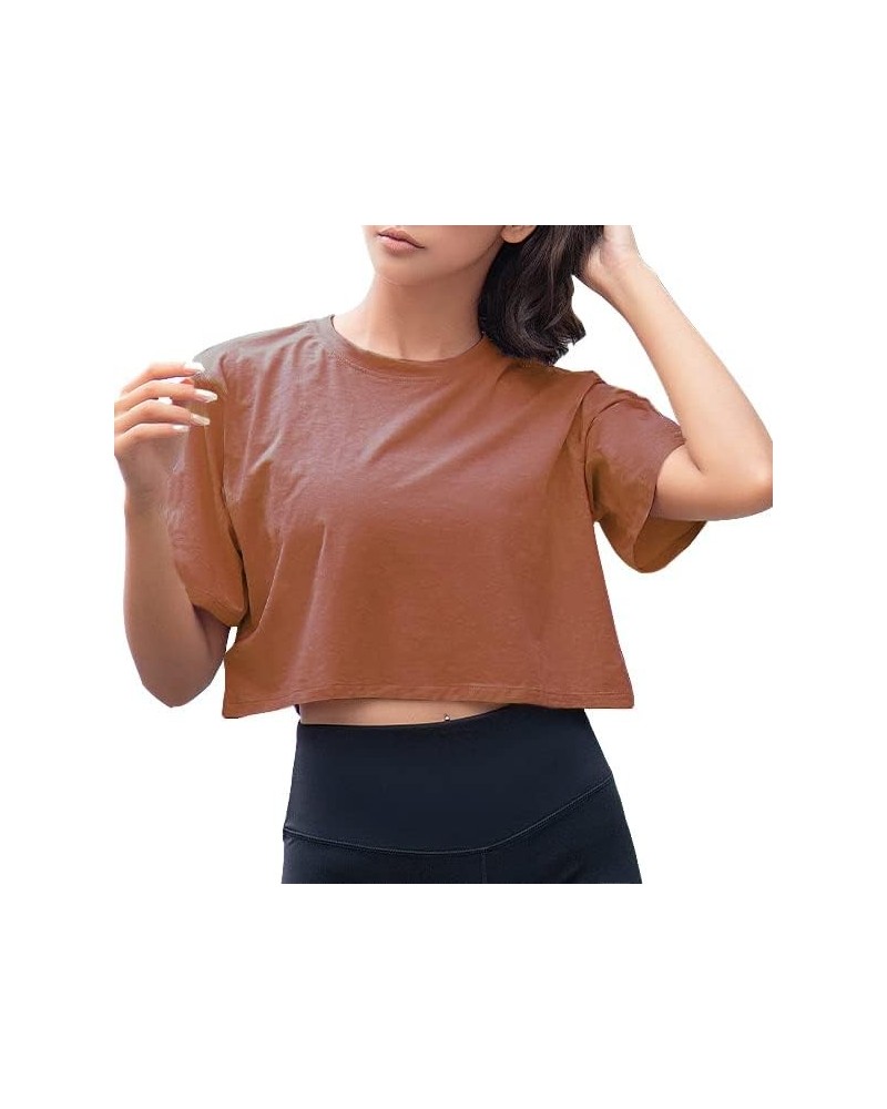 Women Short Sleeve Crewneck Comfy Loose Crop Top Teen T-Shirt Workout Solid Coffee $12.00 T-Shirts