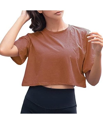 Women Short Sleeve Crewneck Comfy Loose Crop Top Teen T-Shirt Workout Solid Coffee $12.00 T-Shirts