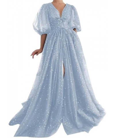 Starry Tulle Prom Dresses Long Sparkle Puffy Sleeve Formal Evening Party Gown with Pocket Dusty Blue-b $40.49 Dresses