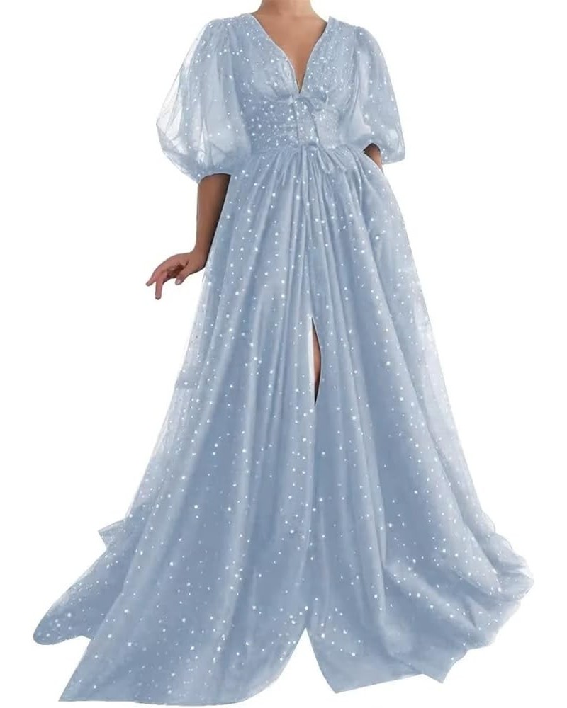 Starry Tulle Prom Dresses Long Sparkle Puffy Sleeve Formal Evening Party Gown with Pocket Dusty Blue-b $40.49 Dresses