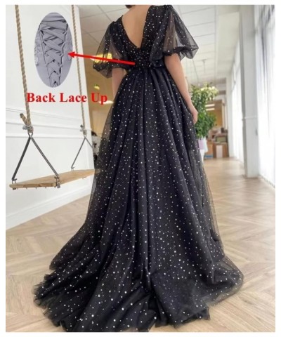 Starry Tulle Prom Dresses Long Sparkle Puffy Sleeve Formal Evening Party Gown with Pocket Dusty Blue-b $40.49 Dresses