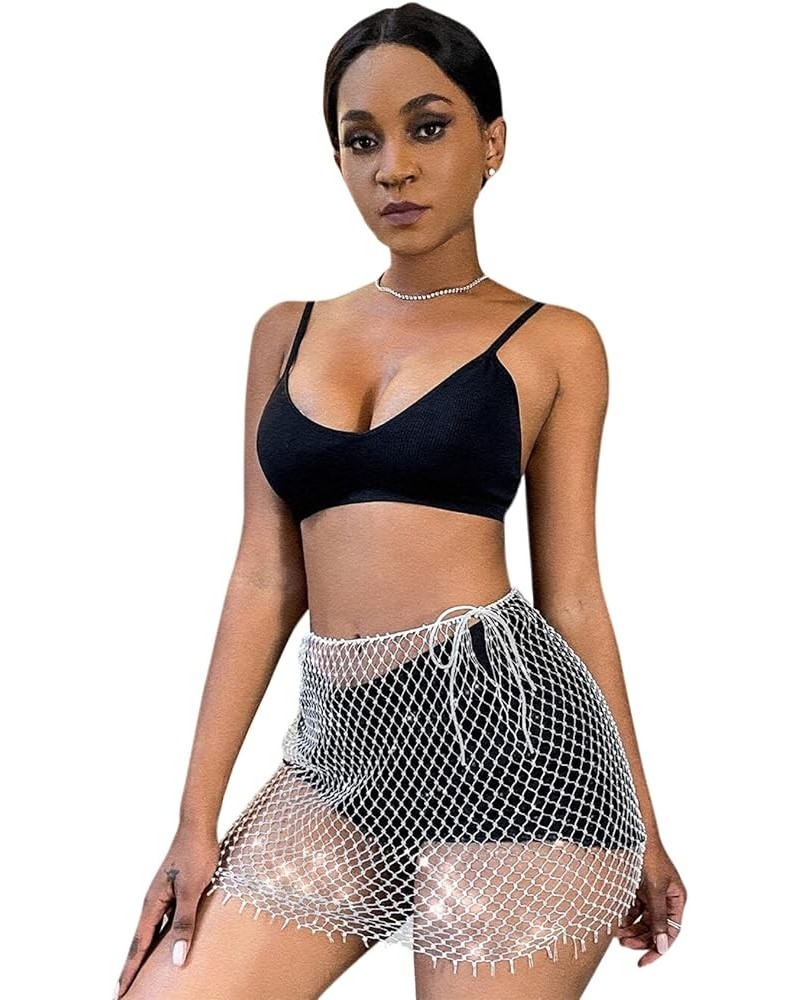 Women Sexy Glitter Rhinestone Mesh See Through Mini Skirt Hollow Out Swimsuit Cover Up Club Festival Rave Outfit White $14.72...