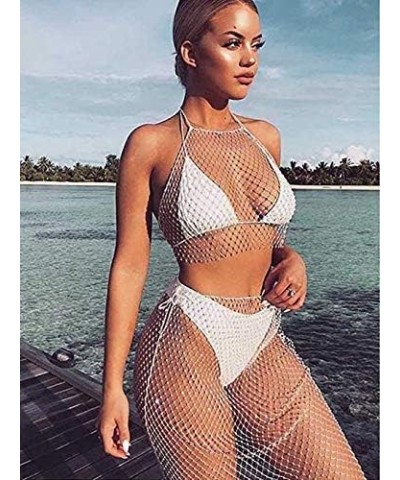 Women Sexy Glitter Rhinestone Mesh See Through Mini Skirt Hollow Out Swimsuit Cover Up Club Festival Rave Outfit White $14.72...