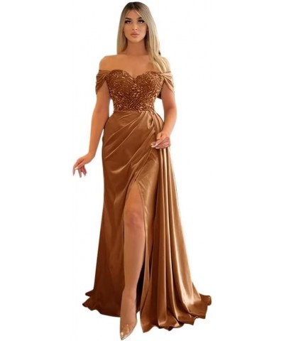 Off Shoulder Prom Dresses Long Mermaid Ball Gown 2023 Satin Beaded Slit Bridesmaid Formal Evening Dress for Women Brown $43.2...