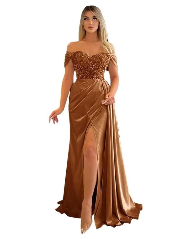 Off Shoulder Prom Dresses Long Mermaid Ball Gown 2023 Satin Beaded Slit Bridesmaid Formal Evening Dress for Women Brown $43.2...