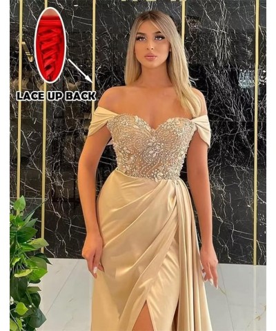 Off Shoulder Prom Dresses Long Mermaid Ball Gown 2023 Satin Beaded Slit Bridesmaid Formal Evening Dress for Women Brown $43.2...