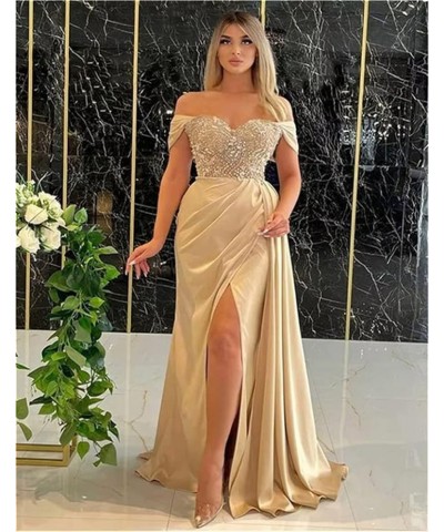 Off Shoulder Prom Dresses Long Mermaid Ball Gown 2023 Satin Beaded Slit Bridesmaid Formal Evening Dress for Women Brown $43.2...