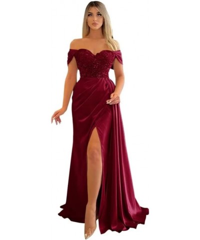 Off Shoulder Prom Dresses Long Mermaid Ball Gown 2023 Satin Beaded Slit Bridesmaid Formal Evening Dress for Women Brown $43.2...