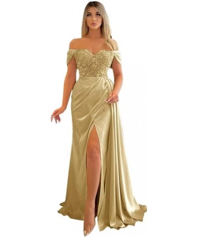 Off Shoulder Prom Dresses Long Mermaid Ball Gown 2023 Satin Beaded Slit Bridesmaid Formal Evening Dress for Women Brown $43.2...