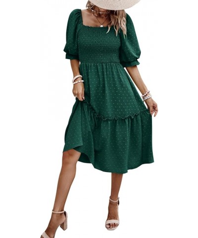 Women's Summer Casual Midi Dress Spring Puff Sleeve Square Neck A-line Flowy Boho Floral Smocked Dresses Dark Green $19.95 Dr...