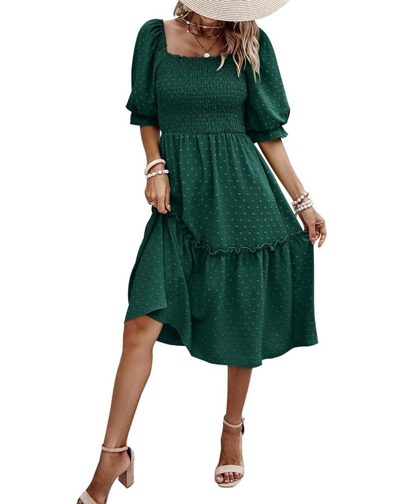 Women's Summer Casual Midi Dress Spring Puff Sleeve Square Neck A-line Flowy Boho Floral Smocked Dresses Dark Green $19.95 Dr...