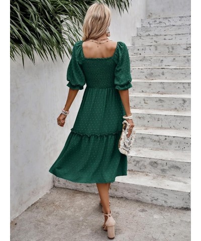 Women's Summer Casual Midi Dress Spring Puff Sleeve Square Neck A-line Flowy Boho Floral Smocked Dresses Dark Green $19.95 Dr...