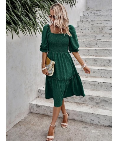 Women's Summer Casual Midi Dress Spring Puff Sleeve Square Neck A-line Flowy Boho Floral Smocked Dresses Dark Green $19.95 Dr...