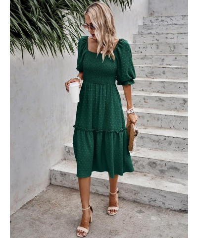 Women's Summer Casual Midi Dress Spring Puff Sleeve Square Neck A-line Flowy Boho Floral Smocked Dresses Dark Green $19.95 Dr...