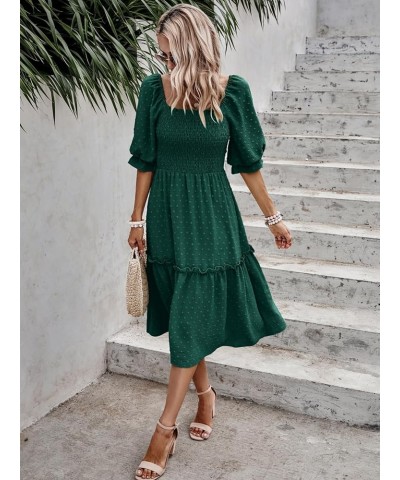 Women's Summer Casual Midi Dress Spring Puff Sleeve Square Neck A-line Flowy Boho Floral Smocked Dresses Dark Green $19.95 Dr...