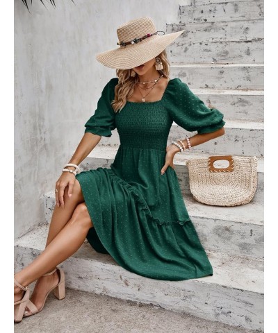 Women's Summer Casual Midi Dress Spring Puff Sleeve Square Neck A-line Flowy Boho Floral Smocked Dresses Dark Green $19.95 Dr...