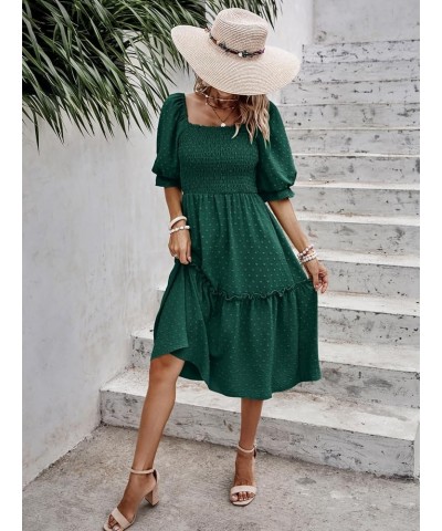 Women's Summer Casual Midi Dress Spring Puff Sleeve Square Neck A-line Flowy Boho Floral Smocked Dresses Dark Green $19.95 Dr...