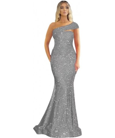 Formal One Shoulder Sequin Prom Dresses Long Mermaid Bodycon Bridesmaid Dress for Women Wedding Evening Gowns 2024 Grey $23.3...