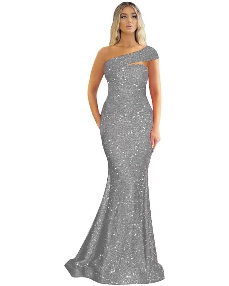 Formal One Shoulder Sequin Prom Dresses Long Mermaid Bodycon Bridesmaid Dress for Women Wedding Evening Gowns 2024 Grey $23.3...