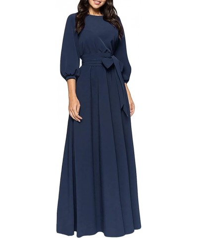 Women Elegance Audrey Hepburn Style Round Neck 3/4 Puff Sleeve Swing Maxi Dress Long Belt Dresses with Pockets Navy $28.20 Dr...