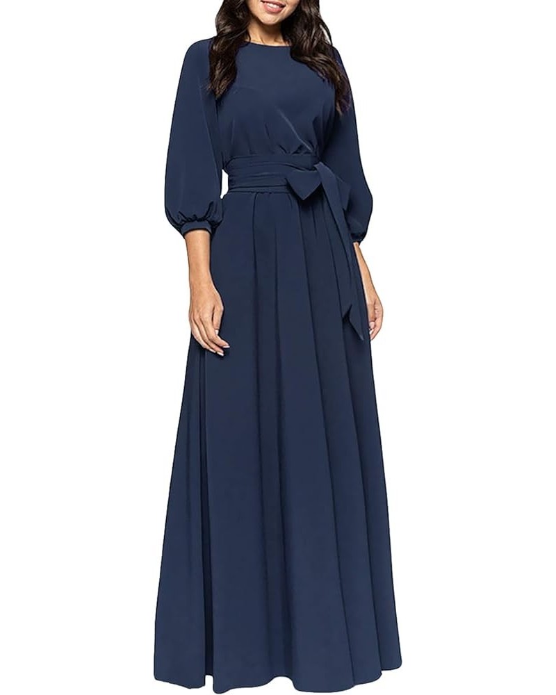 Women Elegance Audrey Hepburn Style Round Neck 3/4 Puff Sleeve Swing Maxi Dress Long Belt Dresses with Pockets Navy $28.20 Dr...