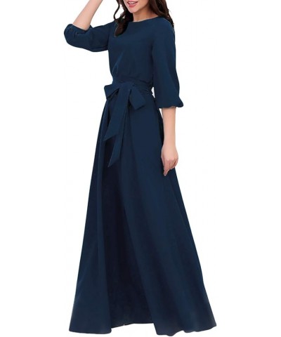 Women Elegance Audrey Hepburn Style Round Neck 3/4 Puff Sleeve Swing Maxi Dress Long Belt Dresses with Pockets Navy $28.20 Dr...