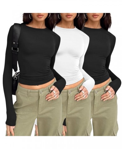 Womens 3 Piece Long Sleeve Shirts Basic Crop Tops Going Out Fall Fashion Underscrubs Layer Slim Fit Y2K Tops Black,black,whit...