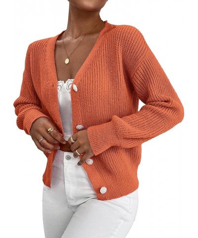 Women's Button Down Long Sleeve V Neck Drop Shoulder Knitted Cardigan Sweaters Coat Orange $10.25 Sweaters