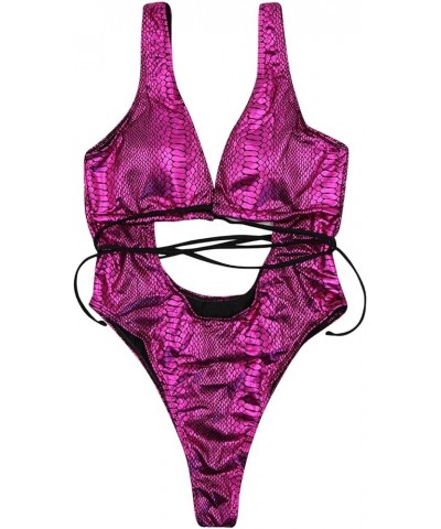 Women Rave Holographic Snakeskin Wrap Swimsuit Sexy Strappy Backless Bathing Suit Purplpurplee $12.71 Swimsuits