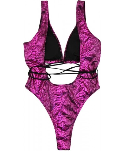 Women Rave Holographic Snakeskin Wrap Swimsuit Sexy Strappy Backless Bathing Suit Purplpurplee $12.71 Swimsuits