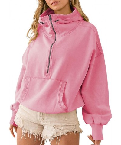 Women Cropped Zip Up Hoodie Y2k Oversized Sweatshirt Half Zip Pullover Long Sleeve Shirts Hooded Tunic Top Pink $15.98 Hoodie...