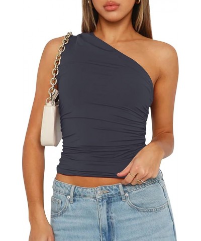 Women Sleeveless One Shoulder Crop Tank Tops Ruched Tight Slim Fitted Workout Y2K Going Out Top Trendy 2023 Cami Dark Grey $9...