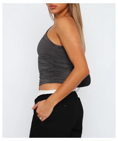 Women Sleeveless One Shoulder Crop Tank Tops Ruched Tight Slim Fitted Workout Y2K Going Out Top Trendy 2023 Cami Dark Grey $9...