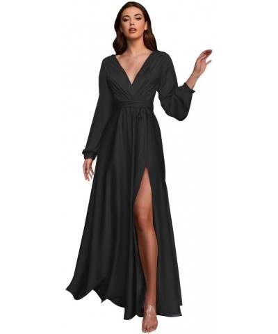 Women's Long Sleeve Bridesmaid Dresses for Wedding V-Neck Satin Formal Dress Evening Gowns with Slit Black $27.94 Dresses