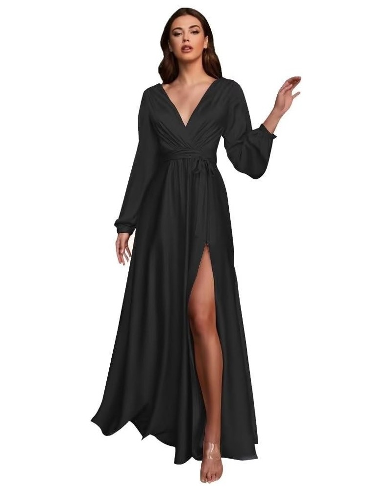 Women's Long Sleeve Bridesmaid Dresses for Wedding V-Neck Satin Formal Dress Evening Gowns with Slit Black $27.94 Dresses