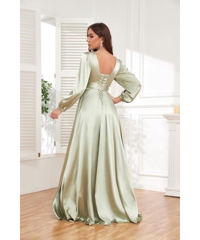 Women's Long Sleeve Bridesmaid Dresses for Wedding V-Neck Satin Formal Dress Evening Gowns with Slit Black $27.94 Dresses