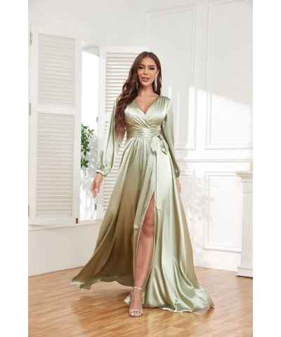 Women's Long Sleeve Bridesmaid Dresses for Wedding V-Neck Satin Formal Dress Evening Gowns with Slit Black $27.94 Dresses