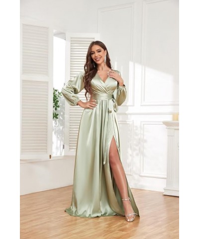 Women's Long Sleeve Bridesmaid Dresses for Wedding V-Neck Satin Formal Dress Evening Gowns with Slit Black $27.94 Dresses