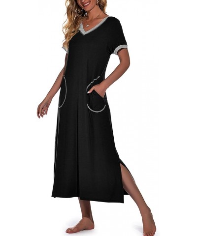 Womens Long Nightgown Short Sleeve Nightshirt V-Neck Soft Loungewear Casual Sleepwear with Pockets Black $14.28 Sleep & Lounge