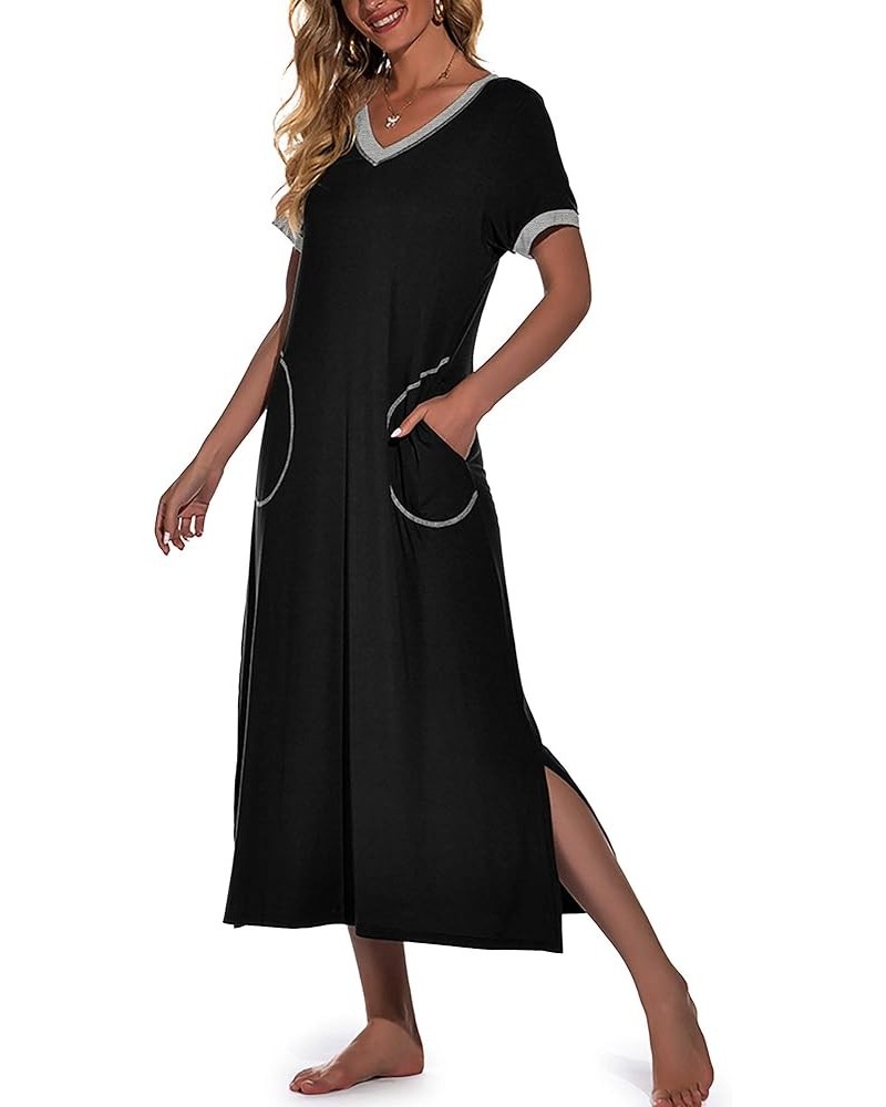 Womens Long Nightgown Short Sleeve Nightshirt V-Neck Soft Loungewear Casual Sleepwear with Pockets Black $14.28 Sleep & Lounge